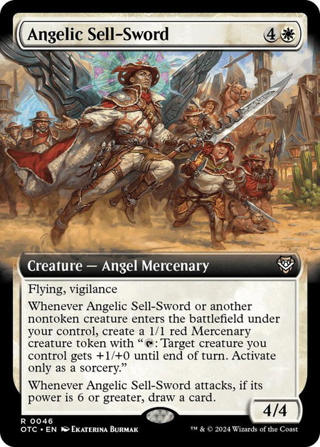 Angelic Sell-Sword (Extended Art) trading card from Commander: Outlaws of Thunder Junction Angelic Sell-Sword (Extended Art) - Commander: Outlaws of Thunder Junction Magic: The Gathering trading card