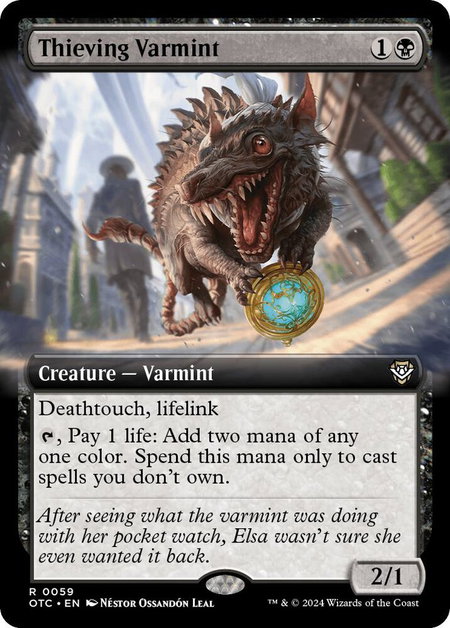 Thieving Varmint (Extended Art) trading card from Commander: Outlaws of Thunder Junction Thieving Varmint (Extended Art) - Commander: Outlaws of Thunder Junction Magic: The Gathering trading card