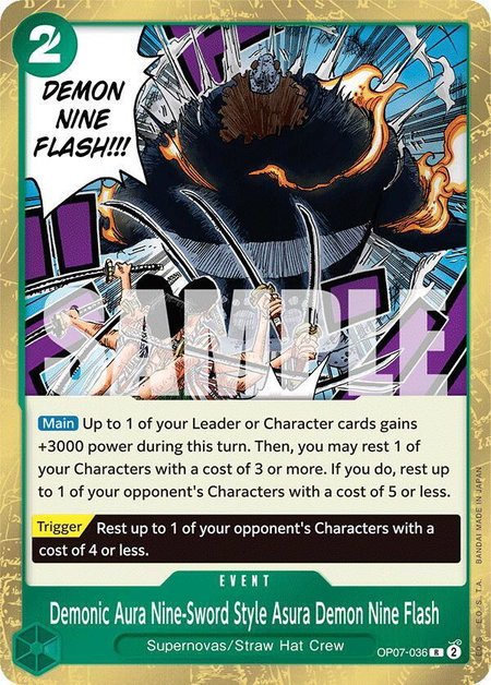 Demonic Aura Nine-Sword Style Asura Demon Nine Flash trading card from 500 Years in the Future Demonic Aura Nine-Sword Style Asura Demon Nine Flash - 500 Years in the Future One Piece trading card