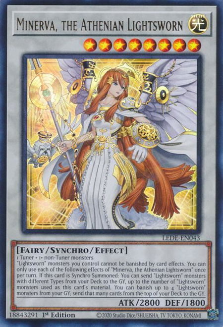 Minerva, the Athenian Lightsworn trading card from Legacy of Destruction Minerva, the Athenian Lightsworn - Legacy of Destruction YuGiOh trading card