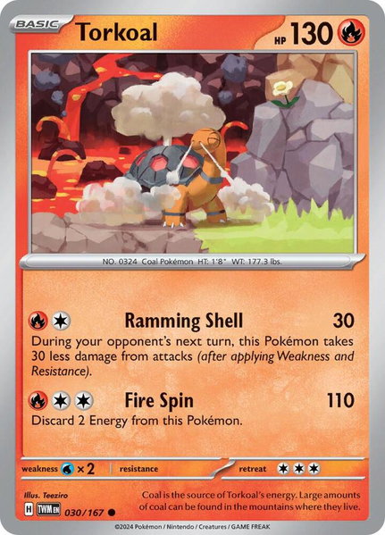 Torkoal - 030/167 trading card from SV06: Twilight Masquerade Torkoal - 030/167 - SV06: Twilight Masquerade Pokémon trading card