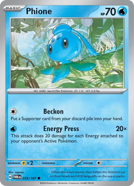 Phione - 055/167 trading card from SV06: Twilight Masquerade Phione - 055/167 - SV06: Twilight Masquerade Pokémon trading card