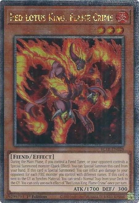 Red Lotus King, Flame Crime (Quarter Century Secret Rare) - Battles of Legend: Terminal Revenge YuGiOh trading card