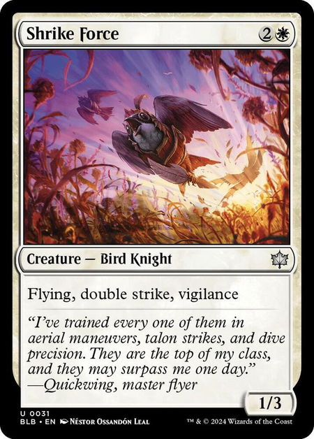 Shrike Force trading card from Bloomburrow Shrike Force - Bloomburrow Magic: The Gathering trading card