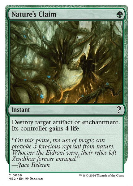 Nature's Claim (White Border) trading card from Mystery Booster 2 Nature's Claim (White Border) - Mystery Booster 2 Magic: The Gathering trading card
