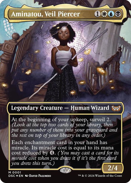 Aminatou, Veil Piercer (Borderless) trading card from Commander: Duskmourn: House of Horror Aminatou, Veil Piercer (Borderless) - Commander: Duskmourn: House of Horror Magic: The Gathering trading card