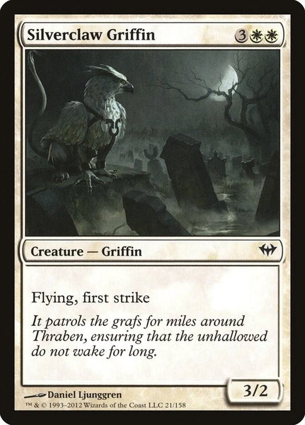 Silverclaw Griffin trading card from Dark Ascension Silverclaw Griffin - Dark Ascension Magic: The Gathering trading card