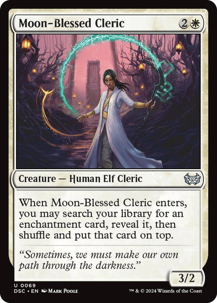 Moon-Blessed Cleric trading card from Commander: Duskmourn: House of Horror Moon-Blessed Cleric - Commander: Duskmourn: House of Horror Magic: The Gathering trading card