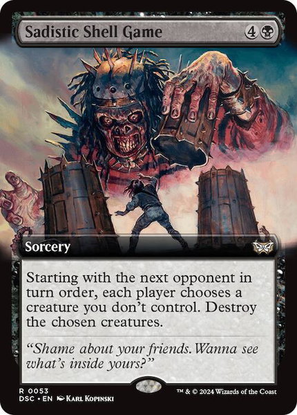 Sadistic Shell Game (Extended Art) trading card from Commander: Duskmourn: House of Horror Sadistic Shell Game (Extended Art) - Commander: Duskmourn: House of Horror Magic: The Gathering trading card