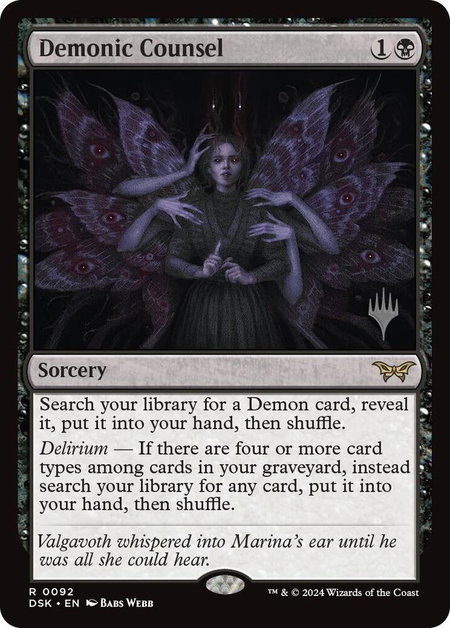 Demonic Counsel trading card from Promo Pack: Duskmourn: House of Horror Demonic Counsel - Promo Pack: Duskmourn: House of Horror Magic: The Gathering trading card
