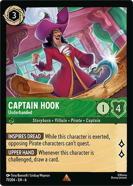 Captain Hook - Underhanded trading card from Azurite Sea Captain Hook - Underhanded - Azurite Sea Disney Lorcana trading card
