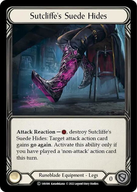 Sutcliffe's Suede Hides trading card from Historic Pack 1 Blitz Deck: Viserai Sutcliffe's Suede Hides - Historic Pack 1 Blitz Deck: Viserai Flesh and Blood trading card