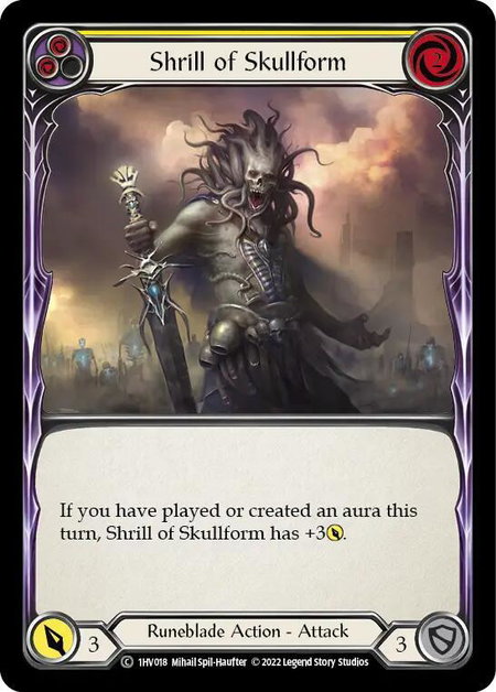 Shrill of Skullform (Yellow) trading card from Historic Pack 1 Blitz Deck: Viserai Shrill of Skullform (Yellow) - Historic Pack 1 Blitz Deck: Viserai Flesh and Blood trading card