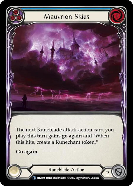 Mauvrion Skies (Blue) trading card from Historic Pack 1 Blitz Deck: Viserai Mauvrion Skies (Blue) - Historic Pack 1 Blitz Deck: Viserai Flesh and Blood trading card