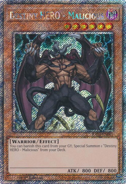 Destiny HERO - Malicious (Platinum Secret Rare) trading card from Quarter Century Bonanza Destiny HERO - Malicious (Platinum Secret Rare) - Quarter Century Bonanza YuGiOh trading card