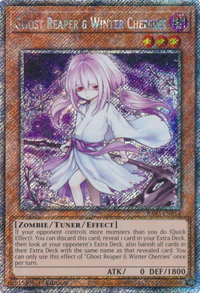 Ghost Reaper & Winter Cherries (Alternate Art) (Platinum Secret Rare) trading card from Quarter Century Bonanza Ghost Reaper & Winter Cherries (Alternate Art) (Platinum Secret Rare) - Quarter Century Bonanza YuGiOh trading card
