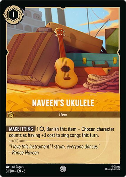 Naveen's Ukulele trading card from Azurite Sea Naveen's Ukulele - Azurite Sea Disney Lorcana trading card