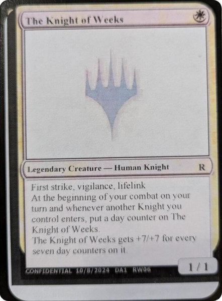 The Knight of Weeks trading card from Un-Known Event Playtest Cards The Knight of Weeks - Un-Known Event Playtest Cards Magic: The Gathering trading card