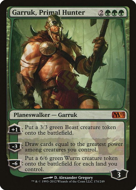 Garruk, Primal Hunter trading card from Magic 2013 (M13) Garruk, Primal Hunter - Magic 2013 (M13) Magic: The Gathering trading card