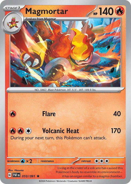 Magmortar - 010/091 (Paldean Fates) trading card from Deck Exclusives Magmortar - 010/091 (Paldean Fates) - Deck Exclusives Pokémon trading card