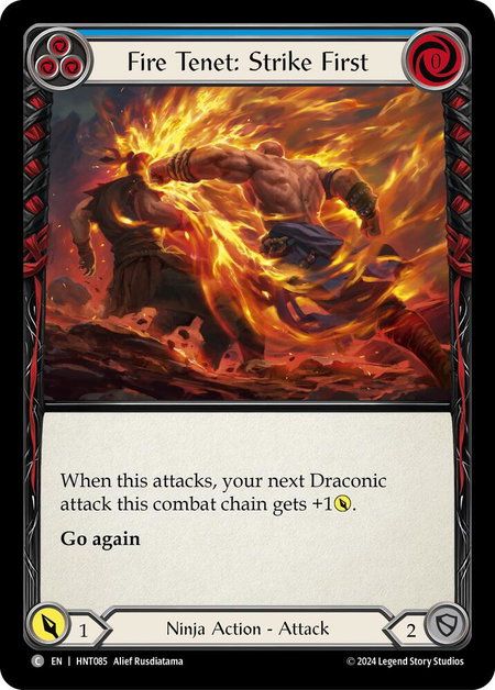 Fire Tenet: Strike First (Blue) trading card from The Hunted Fire Tenet: Strike First (Blue) - The Hunted Flesh and Blood trading card