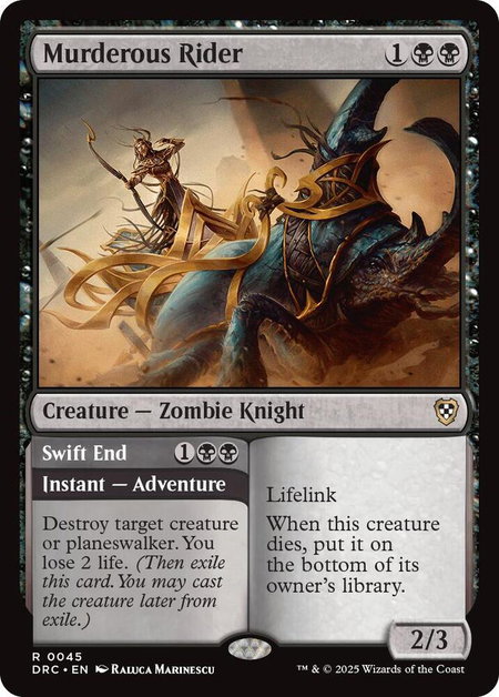 Murderous Rider trading card from Commander: Aetherdrift Murderous Rider - Commander: Aetherdrift Magic: The Gathering trading card