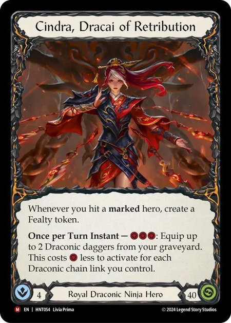 Cindra, Dracai of Retribution trading card from The Hunted Cindra, Dracai of Retribution - The Hunted Flesh and Blood trading card
