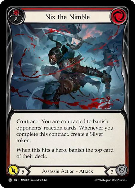 Nix the Nimble (Red) trading card from Blitz Deck: The Hunted - Arakni Nix the Nimble (Red) - Blitz Deck: The Hunted - Arakni Flesh and Blood trading card