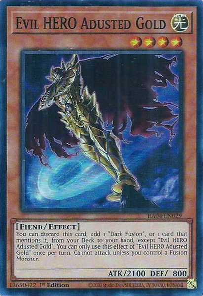 Evil HERO Adusted Gold trading card from Quarter Century Stampede Evil HERO Adusted Gold - Quarter Century Stampede YuGiOh trading card