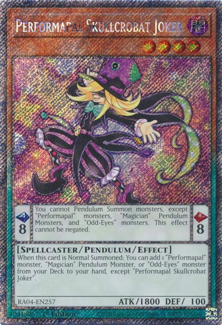 Performapal Skullcrobat Joker (Platinum Secret Rare) trading card from Quarter Century Stampede Performapal Skullcrobat Joker (Platinum Secret Rare) - Quarter Century Stampede YuGiOh trading card