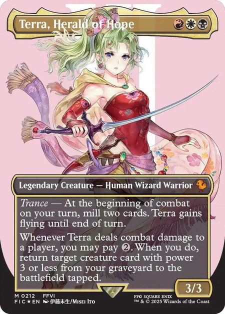 Terra, Herald of Hope (Borderless) (Surge Foil) trading card from Commander: FINAL FANTASY Terra, Herald of Hope (Borderless) (Surge Foil) - Commander: FINAL FANTASY Magic: The Gathering trading card