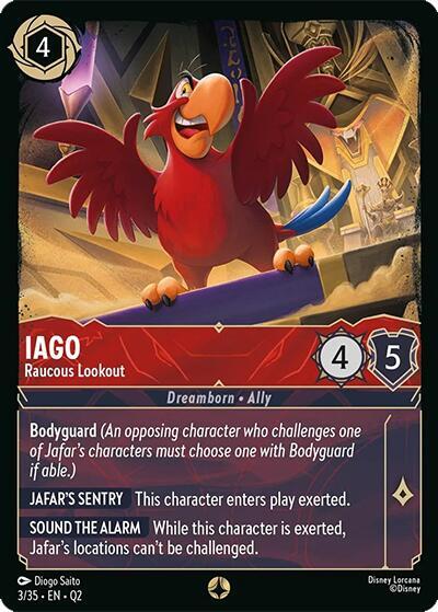 Iago - Raucous Lookout trading card from Illumineer's Quest: Palace Heist Iago - Raucous Lookout - Illumineer's Quest: Palace Heist Disney Lorcana trading card