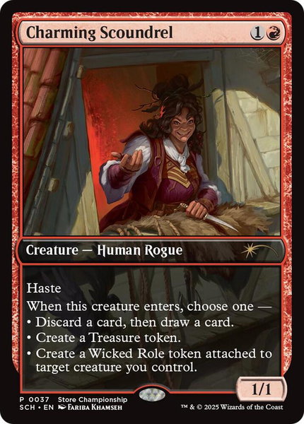 Charming Scoundrel trading card from Game Day & Store Championship Promos Charming Scoundrel - Game Day & Store Championship Promos Magic: The Gathering trading card