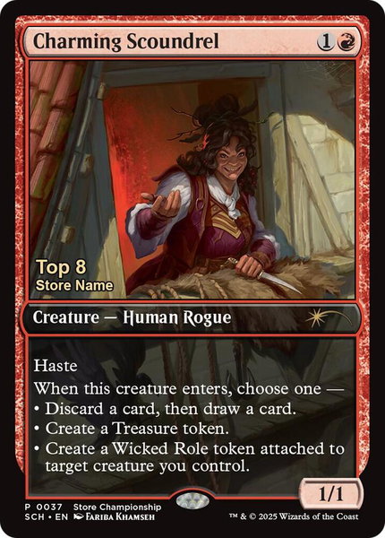 Charming Scoundrel (Top 8) trading card from Game Day & Store Championship Promos Charming Scoundrel (Top 8) - Game Day & Store Championship Promos Magic: The Gathering trading card