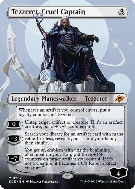 Tezzeret, Cruel Captain (Borderless) trading card from Edge of Eternities Tezzeret, Cruel Captain (Borderless) - Edge of Eternities Magic: The Gathering trading card