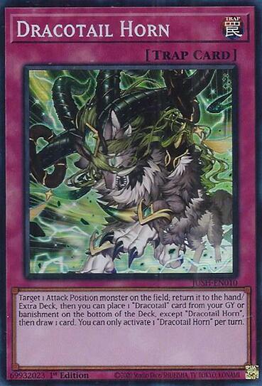 Dracotail Horn (Super Rare) trading card from Justice Hunters Dracotail Horn (Super Rare) - Justice Hunters YuGiOh trading card