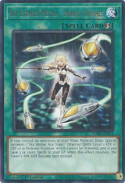 Sky Striker Mecha - Hornet Drones trading card from Justice Hunters Sky Striker Mecha - Hornet Drones - Justice Hunters YuGiOh trading card