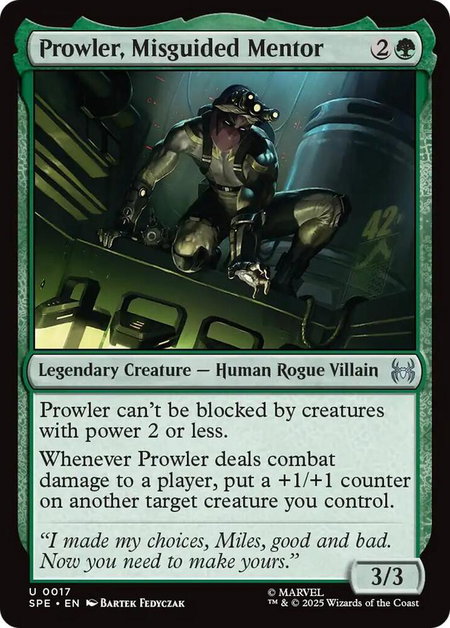 Prowler, Misguided Mentor trading card from Marvel's Spider-Man: Eternal-Legal Prowler, Misguided Mentor - Marvel's Spider-Man: Eternal-Legal Magic: The Gathering trading card