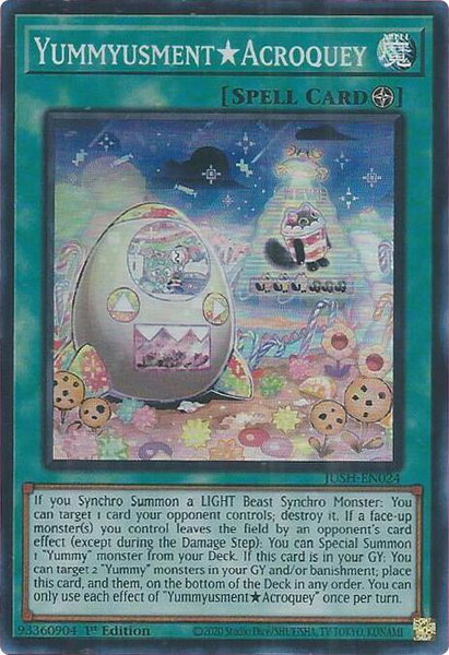 YummyusmentAcroquey (Super Rare) trading card from Justice Hunters YummyusmentAcroquey (Super Rare) - Justice Hunters YuGiOh trading card