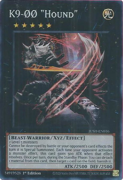 K9-00 "Hound" (Super Rare) trading card from Justice Hunters K9-00 "Hound" (Super Rare) - Justice Hunters YuGiOh trading card