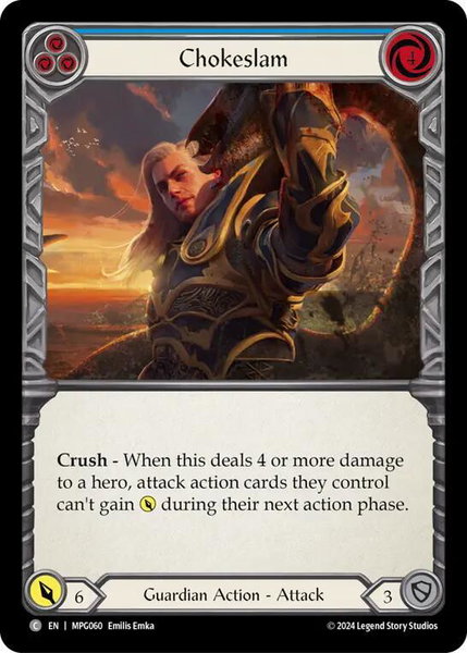 Chokeslam (Blue) trading card from Mastery Pack Guardian Chokeslam (Blue) - Mastery Pack Guardian Flesh and Blood trading card