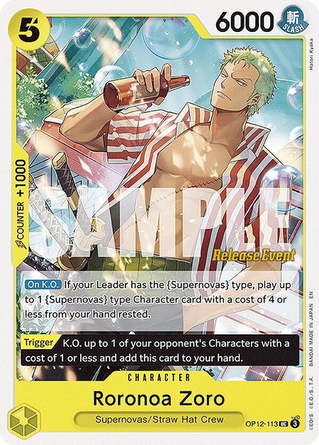 Roronoa Zoro (113) trading card from Legacy of the Master Release Event Cards Roronoa Zoro (113) - Legacy of the Master Release Event Cards One Piece trading card