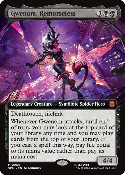 Gwenom, Remorseless (Extended Art) trading card from Marvel's Spider-Man Gwenom, Remorseless (Extended Art) - Marvel's Spider-Man Magic: The Gathering trading card