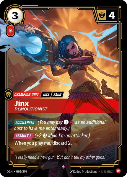 Jinx - Demolitionist trading card from Origins Jinx - Demolitionist - Origins Riftbound trading card