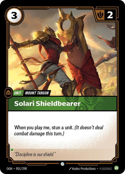 Solari Shieldbearer trading card from Origins Solari Shieldbearer - Origins Riftbound trading card