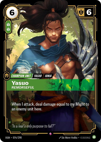 Yasuo - Remorseful trading card from Origins Yasuo - Remorseful - Origins Riftbound trading card
