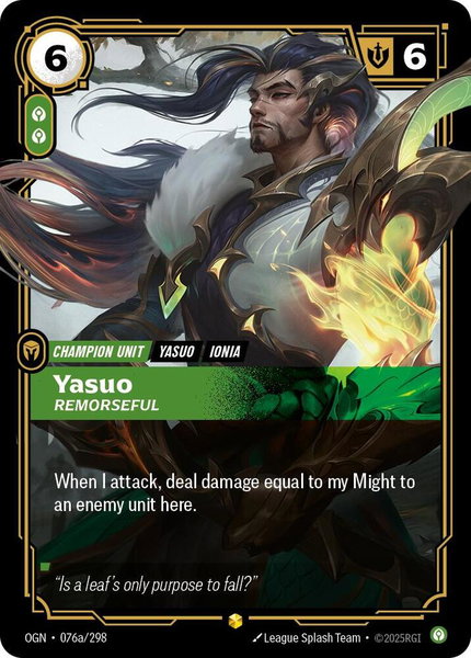 Yasuo - Remorseful (Alternate Art) trading card from Origins Yasuo - Remorseful (Alternate Art) - Origins Riftbound trading card