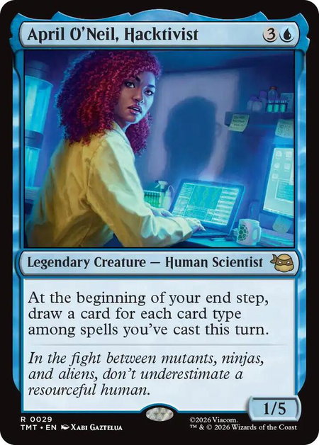April O'Neil, Hacktivist trading card from Teenage Mutant Ninja Turtles April O'Neil, Hacktivist - Teenage Mutant Ninja Turtles Magic: The Gathering trading card
