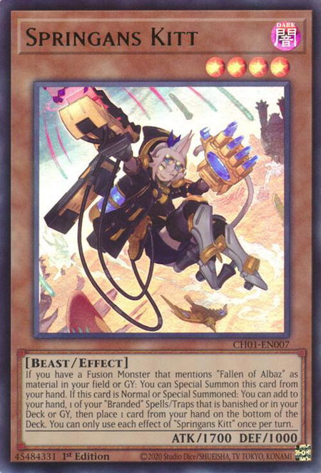 Springans Kitt trading card from THE CHRONICLES DECK: The Fallen & The Virtuous (All-Foil Edition) Springans Kitt - THE CHRONICLES DECK: The Fallen & The Virtuous (All-Foil Edition) YuGiOh trading card