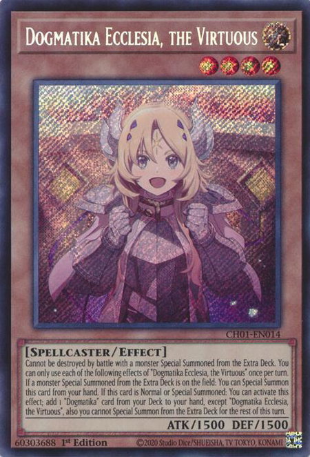 Dogmatika Ecclesia, the Virtuous (Secret Rare) trading card from THE CHRONICLES DECK: The Fallen & The Virtuous (All-Foil Edition) Dogmatika Ecclesia, the Virtuous (Secret Rare) - THE CHRONICLES DECK: The Fallen & The Virtuous (All-Foil Edition) YuGiOh trading card